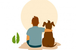 Hund mit Mann man and his best friend dog cuddle hug, backside view cute cartoon vector illustration scene
