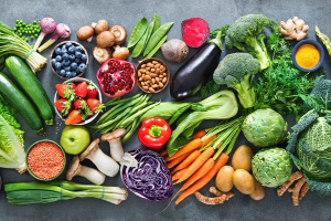 Healthy food selection with fruits, vegetables, seeds, superfood and cereals Healthy food selection with fruits, vegetables, seeds, superfood and cereals